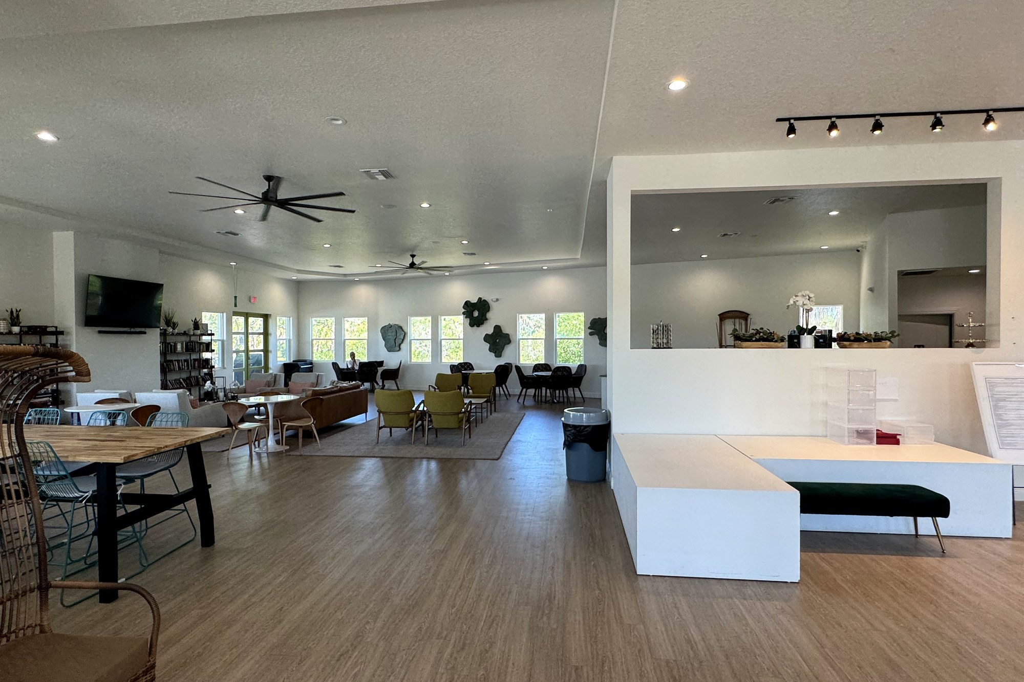 Completed clubhouse interior with lounge and bar seating at Keylime Bay RV Resort
