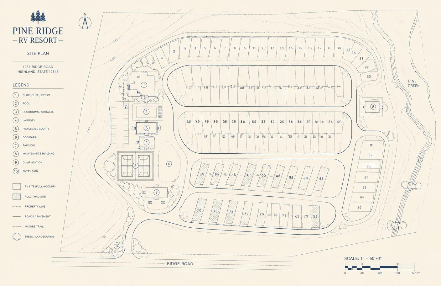 RV resort site plan drawing with numbered sites, roads and amenity buildings
